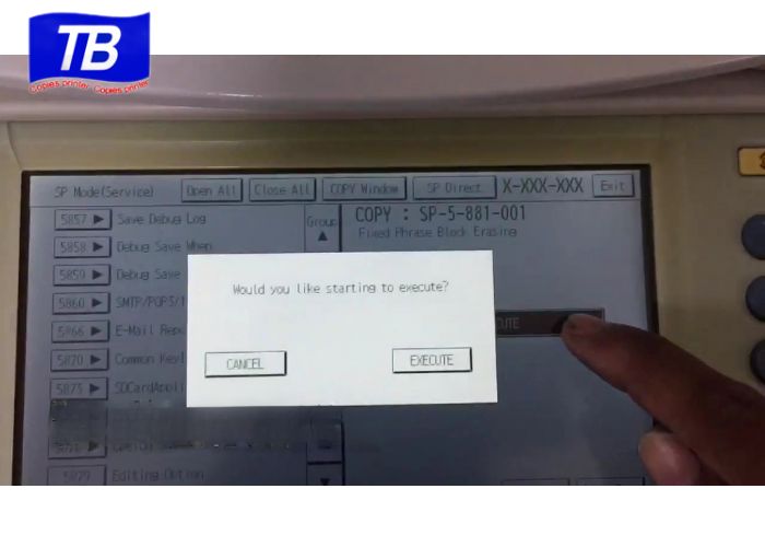 Chọn Execute để tiến hành reset máy photocopy Ricoh