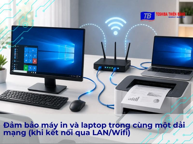 Đảm bảo máy in và laptop trong cùng một dải mạng (khi kết nối qua LAN/Wifi)