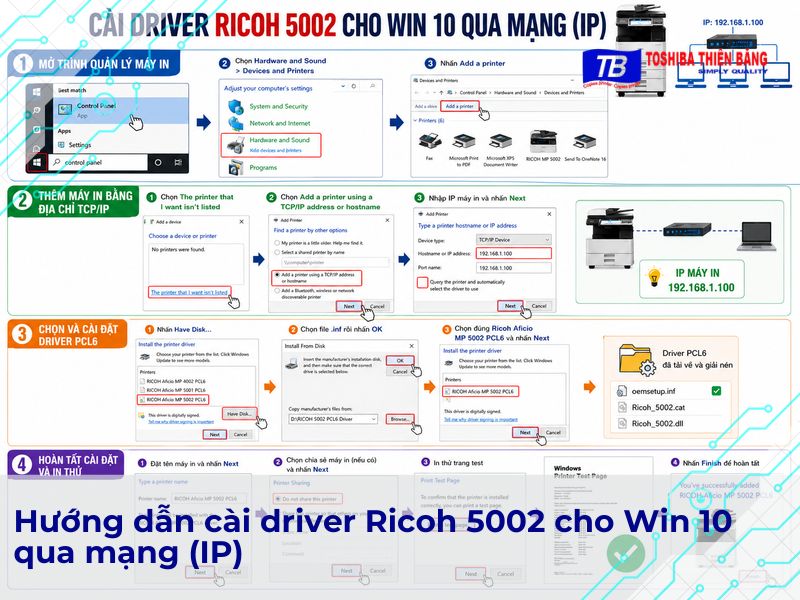 Hướng dẫn cài driver Ricoh 5002 cho Win 10 qua mạng (IP)